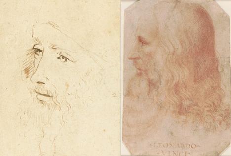 A gauche : Portrait de Léonard de Vinci par l’un de ses assistants, c.1517-18. A droite : Francesco Melzi, portait de Léonard de Vinci, 27,5 x 19 cm, c.1515-18 © Photo Royal Collection Trust.