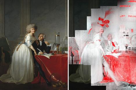 Analyse de la présence du plomb (en blanc) et du mercure (en rouge) obtenue par fluorescence macroscopique des rayons X dans le Portrait d'Antoine-Laurent Lavoisier et de sa femme (1788) de Jacques-Louis David. © Met