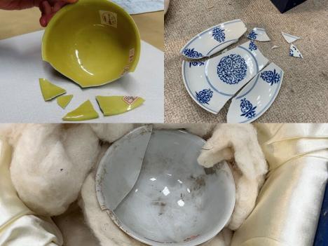 Les 3 objets cassés au Musée national du Palais : un bol, une tasse à thé et une assiette des XVe et XVIIe siècles - Photo courtesy Musée national du Palais, Taipei Taïwan