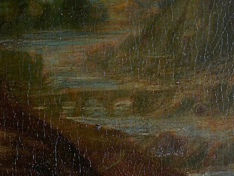 Détail du pont visible à l'arrière-plan de La Joconde peint par Léonard de Vinci. © C2RMF