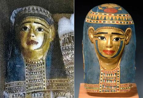 À gauche un masque d’époque ptolémaïque prétendument pillé et découvert par les enquêteurs sur Facebook, à droite celui d'Antonia Eberwein. Courtesy Yves-Bernard Debie