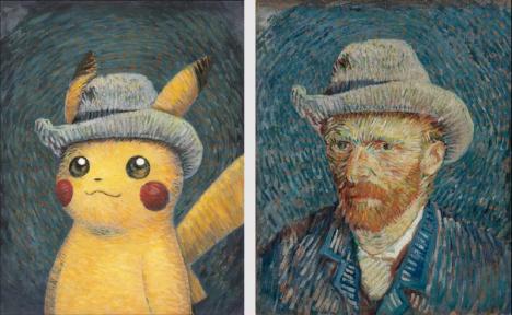 Portrait de Pikachu inspiré par l'Autoportrait au chapeau de feutre gris de Vincent Van Gogh. © 2023 Pokémon / Nintendo / Van Gogh Museum Amsterdam