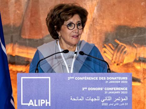 Bariza Khiari lors de la conférence des donateurs de l'Aliph en janvier 2022, au Musée du Louvre. © ALIPH / Antoine Tardy