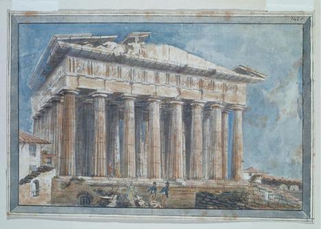 Gell Sir William (1774-1836), Dépose des sculptures du fronton du Parthénon par Lord Elgin, 1801, aquarelle sur papier vergé, 20 x 31 cm, musée Banaki. Domaine public