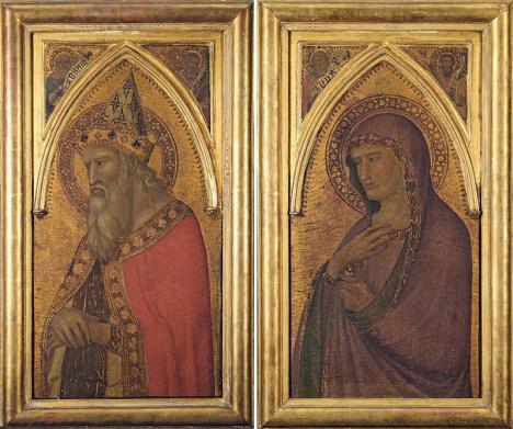 Pietro Lorenzetti (1280-1348), Saint Sylvestre et Sainte Hélène, XIVe siècle, panneau de retable, peinture à l'œuf et fond d'or sur panneau de peuplier. Courtesy Tajan