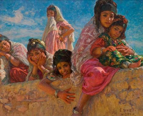 Etienne Dinet (1861-1929), Sur une terrasse, un jour de fête à Bou-Saâda, 1906, huile sur toile. © Musée Fabre / Frédéric Jaulmes