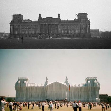 Le Reichstag en 1988 et emballé par Christo en 1995 © photo Frolien