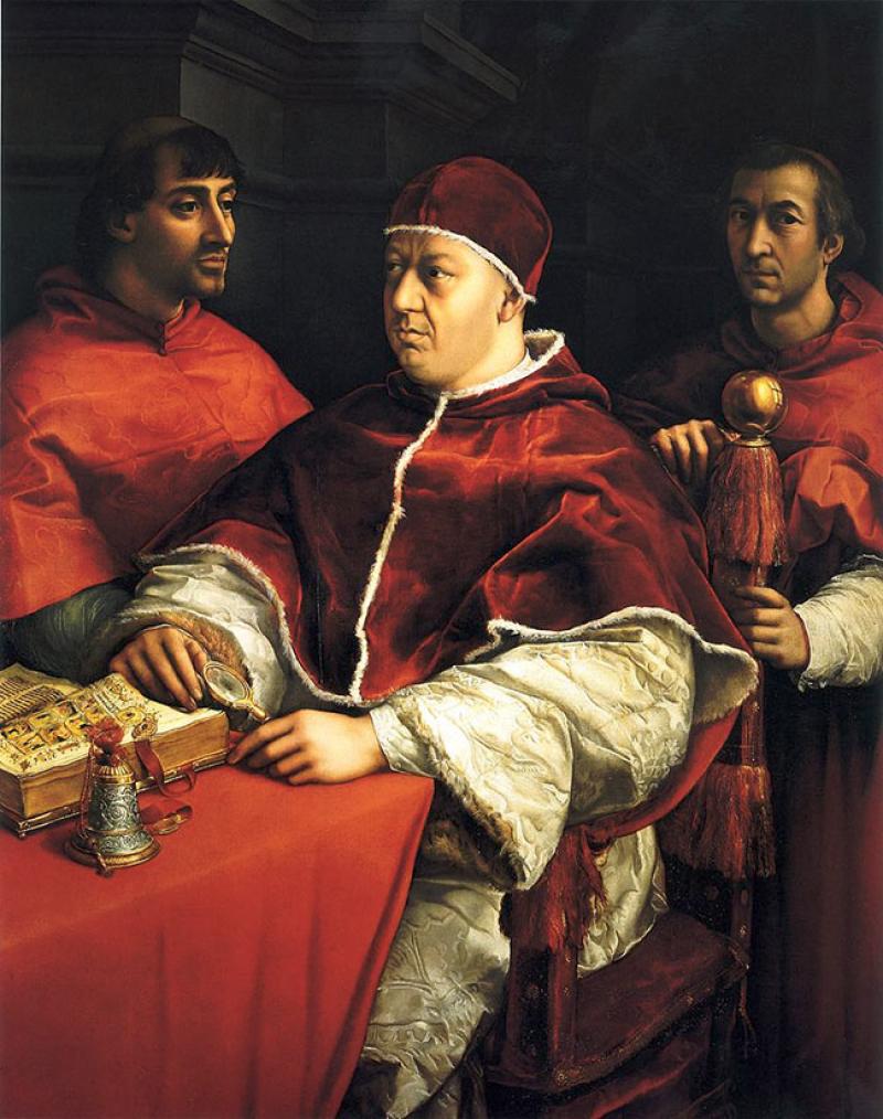 Raphaël (1483-1520), Portrait du pape Léon X, huile sur bois, 154 × 119 cm, Musée des Offices, Florence, Italie