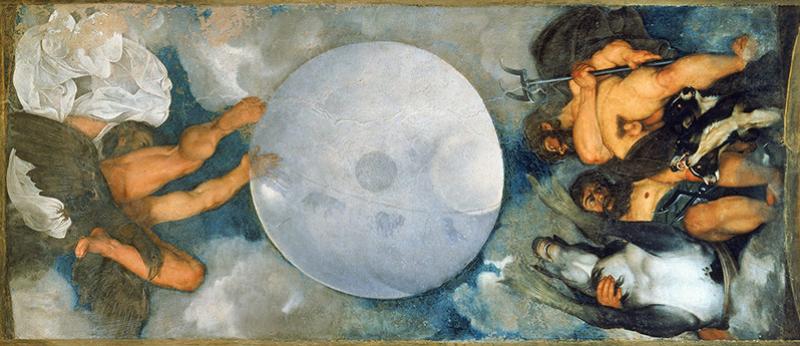 Le Caravage, Jupiter, Neptune et Pluton, vers 1597-1600, fresque murale, 180 x 300 cm, Villa Aurora, Casino Boncompagni Ludovisi, Rome © Photo PiCo, Domaine public