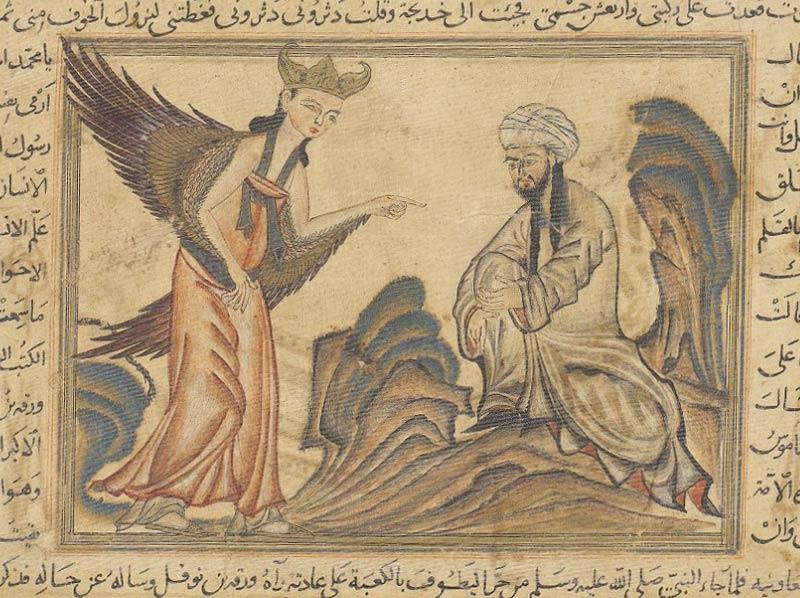 Gabriel délivrant la première révélation du Coran à Mahomet, miniature tirée du manuscrit Compendium des Chroniques, par Rashīd al-Dīn, datant de 1307. © Université d'Edimbourg