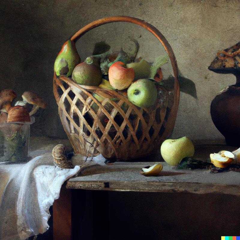 image issue de l'intelligence artificielle : Nature morte au panier de pommes et poires dans une vieille cuisine © Dall-E 