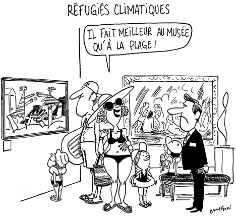 Dessin Humour : Réfugiés climatiques dans les musées © Michel Cambon 2023