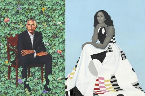Kehinde Wiley, <em>Barack Obama</em>, et Amy Sherald, <em>Michelle LaVaughn Robinson Obama</em>, 2018, huiles sur toiles, collection National Portrait Gallery, Smithsonian Institution, Washington