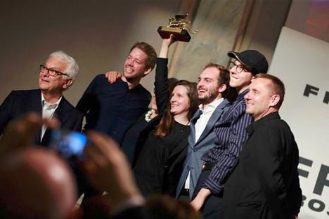 L'équipe du pavillon suisse lors de la cérémonie de remise des prix de la biennale d'architectue de Venise 2018