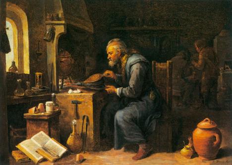 Téniers le Jeune (1610-1690), Alchimiste chauffant un récipient