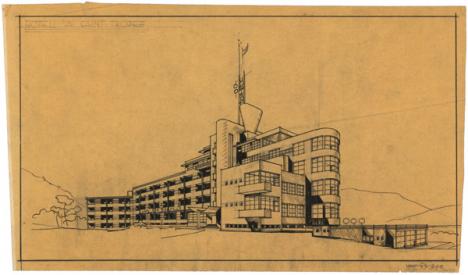 G.-H. Pingusson, Hôtel Latitude 43, Saint-Tropez, perspective des façades Sud et Est, 1930-1932. 