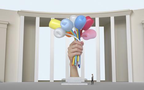 Vue en 3D du projet d'installation du Bouquet of Tulips de Jeff Koons entre le Musée d'Art Moderne de la Ville de Paris et le Palais de Tokyo
