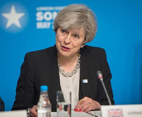 Theresa May en 2017 lors du conférence à la Lancaster House
