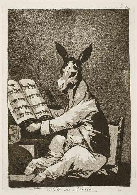 Francisco de Goya, Asta su Abuelo, No. 39 de la série "Caprichos" (1ère edition, Madrid, 1799), 1797-1799, eau-forte et aquatinte, 21,4 cm x 15 cm . (impression)/ 30,6 x 20,1 cm. (papier)
