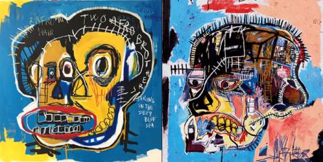 A gauche : <em>2BROTHERS</em> de Guillaume Verda. A droite : Jean-Michel Basquiat, <em> Untitled</em>, 1981, acrylique et crayon gras sur toile, 205,7 x 175,9 cm. Collection Eli et Edithe L. Broad - Fondation Louis Vuitton 