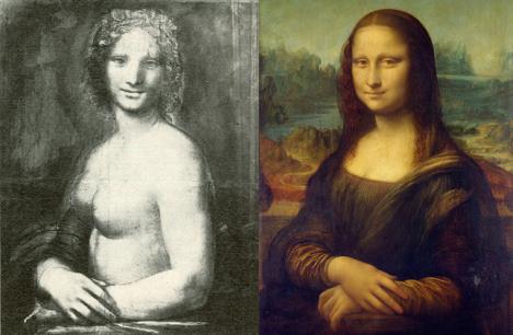 A gauche : La Joconde nue, attribuée à Léonard de Vinci, charbon de bois, 72,4 x 54 cm. A droite : <em>La Joconde</em>, entre 1503 et 1506, 77 x 53 cm. 