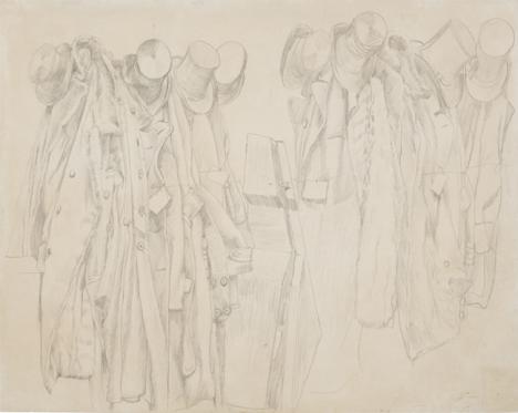 James Tissot, <em>Le Vestiaire</em>, étude de manteaux, de chapeaux et d'un étui de violoncelle, vers 1885, graphite sur papier vergé beige, 33,8 x 42,5 cm