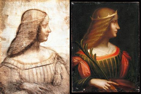 <em>Portrait d’Isabelle d’Este</em> : à gauche le dessin (1500) préparatoire de Léonard de Vinci,collection musée du Louvre ; à droite le tableau attribué à Léonard de Vinci, vers 1500-1515, collection privée.