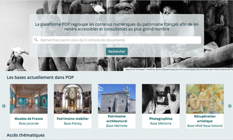 Page d’accueil de la Plateforme ouverte du patrimoine (POP), version bêta © Ministère de la Culture, 2019.