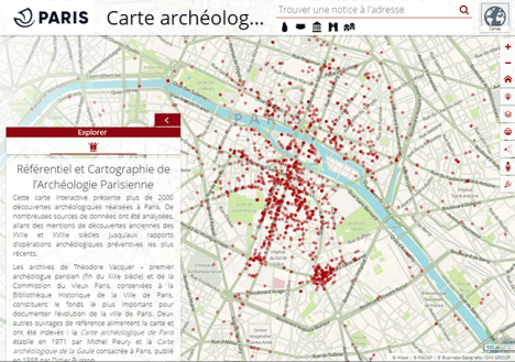 Capture d’écran de la carte permettant de découvrir les sites archéologiques parisiens, 2019. © Paris.fr