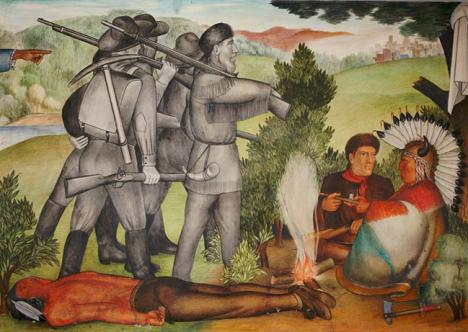 Détail d'une des fresques de Victor Arnautoff (1896-1979) controversées à San Francisco représentant un cadavre de natif américain. © Photo Dick Evans