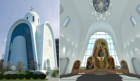 Extérieur et intérieur de l'église orthodoxe Saint Ignace le Théophore à Moscou, vue d'architecte. © ArchPoint - Valery Lizunov, Angela Moiseeva / A.R.E.A.L. Architects - Said Dzhabrailov.