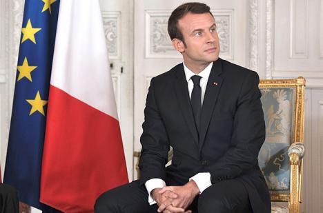 Emmanuel Macron lors de la visite de Vladimir Poutine à Versailles, mai 2017