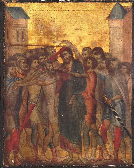 Cimabue, La Dérision du Christ ou Le Christ moqué (détail), 1280, 25,8 cm sur 20,3 cm, peinture à l'œuf et fond d'or sur panneau de peuplier