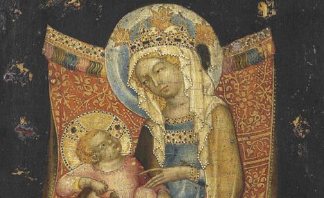 Maître de Vyšší Brod, Bohême, circa 1350, détail de « La Vierge et l’Enfant en trône ». Peinture à l’œuf sur panneau de bois fruitier, 26 x 20 cm.