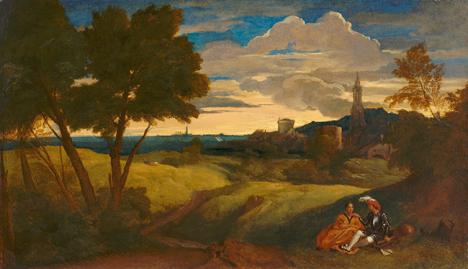 Titien (attribué à), Paysage vespéral avec couple de personnage, vers 1520, huile sur papier, 34 x 58 cm. © Kunsthaus Zürich.