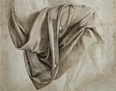 Michel-Ange, Étude de drapé pour la Sibylle érythréenne de la Chapelle Sixtine, début du XVIe siècle, encre brune et craie noire, British Museum, Londres. © The Trustees of the British Museum.
