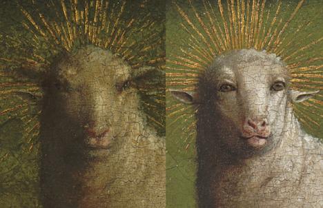 Détail de la tête de L'Agenau mystique de Jan et Hubert van Eyck, avant et après la restauration. ©  Lukasweb.be-Art in Flanders vzw, photo KIK-IRPA