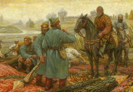 Le tableau A la frontière des champs sauvages de Maximilian Presniakov montre la construction de la ligne de Belgorod, au sud de la Russie. © M. Presniakov, 2010.