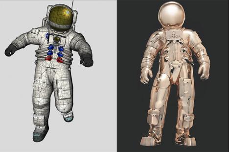 Modélisation 3D de l'astronaute d'Apollo de Max Grüter et Le Golden Astronaut utilisé par la marque Omega pour une campagne publicitaire durant l'été 2019.