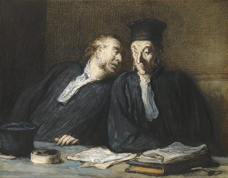 Honoré Daumier, Conversation entre deux avocats, XIXe siècle, craie, gouache, aquarelle, 27 x 20 cm. © The Morgan Library & Museum, public domain