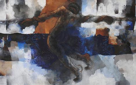 Amadaldin Al Tayeb, L’Homme Bleu, 2019, acrylique, pigments indigo et mida mixte, 135 x 300 cm