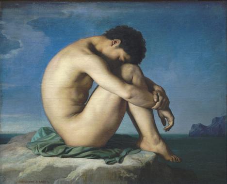Hyppolite Flandrin, Jeune homme nu assis au bord de la mer, 1836, huile sur toile, 98 x 124 cm, Musée du Louvre. Source photo Wikimedia, licence CC-PD-Mark