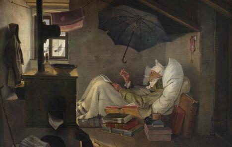 Carl Spitzweg, The Poor Poet, 1839, huile sur toile, 36 x 44 cm, Neue Pinakothek. © Yelkrokoyade, CC BY-SA 4.0