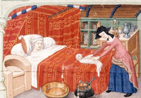Scène d'accouchement tirée du manuscrit Le Livre et le vraye hystoire du bon roy Alixandre, vers 1420. © British Library