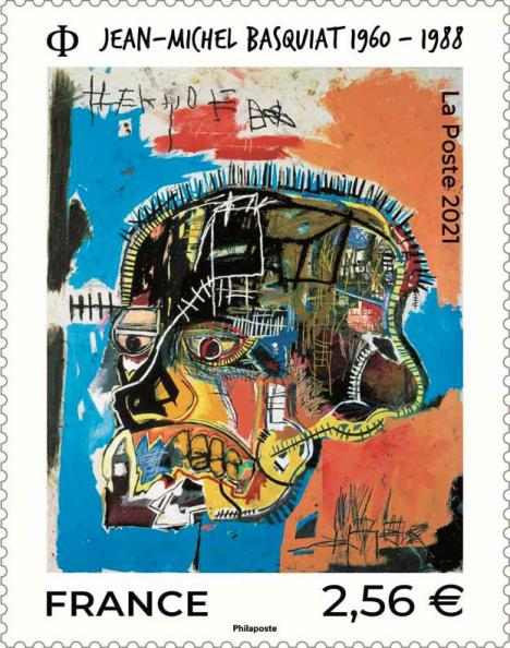 Timbre reproduisant l'œuvre de Basquiat Untitled (Skull) réalisée en 1981. © Basquiat / La Poste