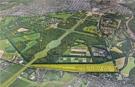 Vue aérienne du château de Versailles et de l'emplacement du futur quartier de Gally colorié en jaune. © DR