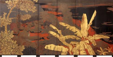 Lê Quoc Loc (1918-1987), Paysage d’un village, 1943, paravent à six feuilles en bois laqué. Adjugé 357 500 €. © Millon & Associés