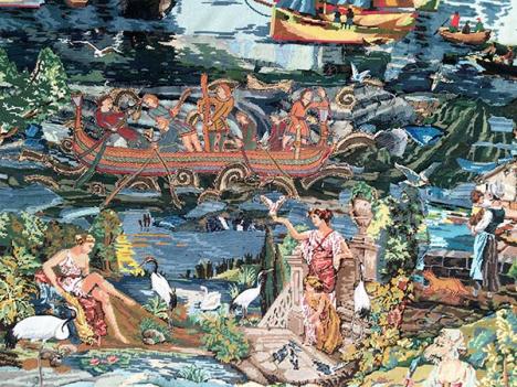 Aurélia Jaubert, Ici Harold a navigué sur la mer, 416 x 243 cm, canevas et tapisseries assemblés et cousus. © A. Jaubert / La Manufacture, Roubaix