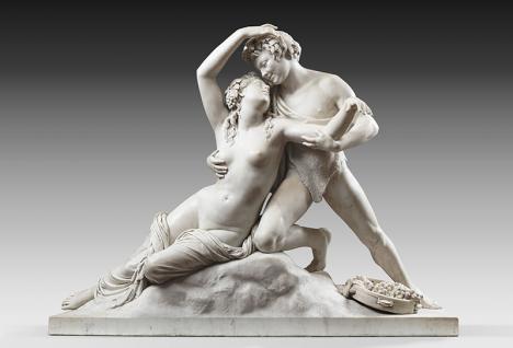 Georges Jacquot, Jeune faune et Bacchante, vers 1833, marbre, 113 x 148 x 46 cm. © WestImage/Galerie Perrin