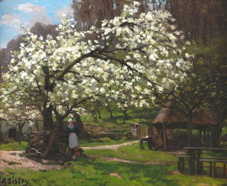 Alfred Sisley, Printemps, paysanne sous les arbres en fleurs, vers 1865-1866, huile sur toile, 46 x 56 cm, collection particulière. © Galerie Bailly